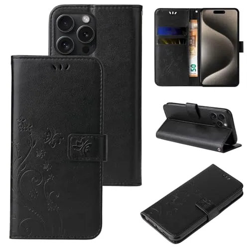 LBH Handy Hülle für Apple iPhone 16 Pro Max Case Handytasche Schmetterling Blumen Flower Standfunktion Schutzhülle Magnet Rundum Schutz 360 Grad Flipcase Cover Schwarz