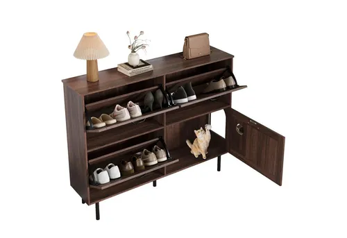 BlingBin Schuhschrank Schmaler Schuhschrank Schuhregal Schuhkipper (Schuhaufbewahrung mit 3 Klappen und Ablage für Tierspielzeug, 1-St., Gesamtabmessungen: 120*28*92CM, Gewichtskapazität: 20KG) Schuhablage für Flur, Platz für 7–9 Paar Schuhe, Spanplatte, Walnut