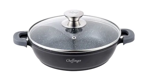 Cheffinger Schmorpfanne Ø28cm mit Deckel - Robuste Schmorpfanne aus Aluguss mit kratzfester Marmorbeschichtung, abnehmbaren Silikongriffen und geeignet für alle Herdarten, auch Induktion. Ideal für köstliche Gerichte!
