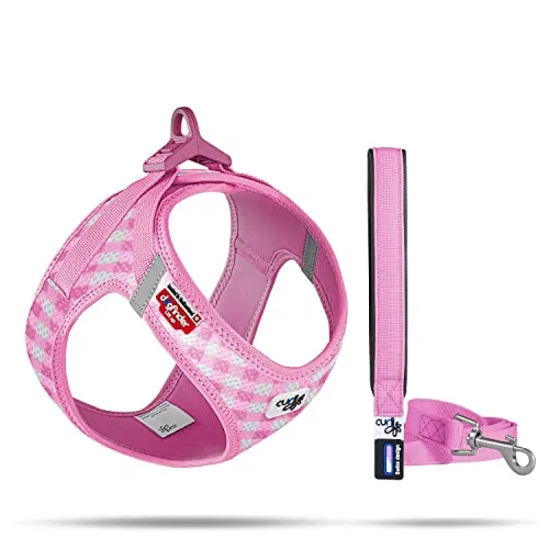 curli VEST HARNESS AIR-MESH Pink-Caro 3XS & Leash M - Brustgeschirr für Hunde mit ergonomischer Passform und reflektierenden Streifen für Sicherheit im Dunkeln. Inklusive DogFinder ID und praktischer Leine mit einer starken Schnalle für einfachen Halt.