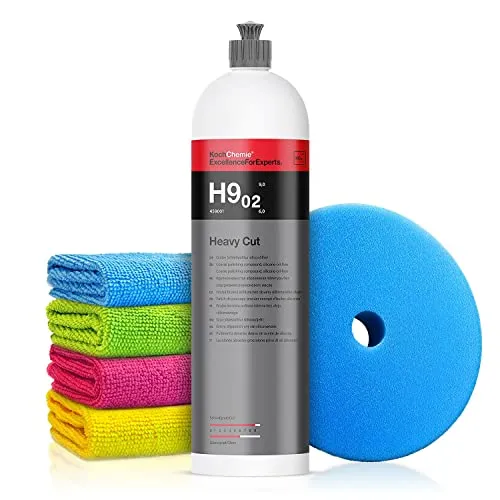 Autopolitur Set: Koch Chemie Heavy Cut H9.02 Schleifpolitur (1L) - Zur Beseitigung von tiefen Kratzern - Für alle Lacke - Exzenter oder Rotation - Auto polieren, Politur, Schleifpaste | 6-teilig