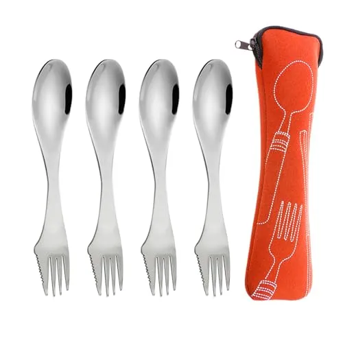 Tragbare Bestecke Und Löffel, 1 Aufbewahrungstasche, Besteck- Und Löffelset Aus Edelstahl, Gezahntes Besteck Und Löffel, Tragbares Campingbesteck, Reise-Drei-in-Eins-Besteckset 4
