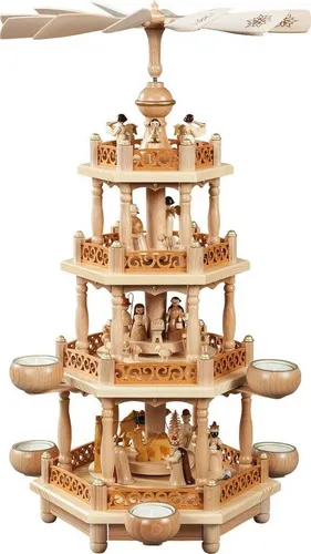 Weihnachtspyramide Richard Glässer 3-stöckig - Tischkrippen: 3-stöckige Weihnachtspyramide mit Christi Geburt, aus nachhaltigen Rohstoffen, Höhe 55cm – ideal für stimmungsvolle Teelicht-Atmosphäre.