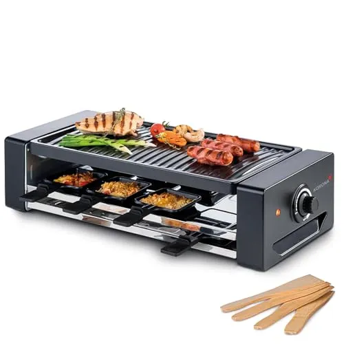 KORONA Raclette für 8 Personen 45070 - Raclette-Grill mit 8 Pfännchen und 1300 W Leistung, ideal für gesellige Abende mit Freunden oder Familie. Antifhaftbeschichtete Grillplatte für einfaches Garen.