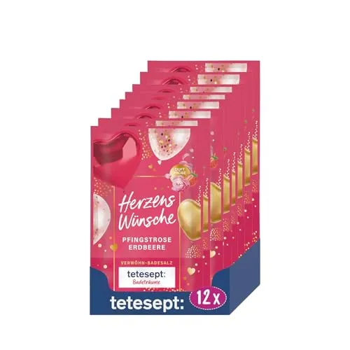 tetesept Badeträume Verwöhn Badesalz Herzenswünsche – 12 × 50 g – Badezusatz mit blumig-fruchtigem Duft nach Pfingstrose & Erdbeere – Rezeptur vegan und frei von Mikroplastik