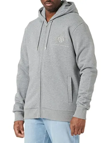 Gant Herren REG Tonal Shield Full Zip Hoodie, Grey Melange, M - Kapuzenpullover für Herren mit Regular Fit, praktischen Leistentaschen und grafischer Gant Stickerei auf der Brust für einen sportlichen Look.