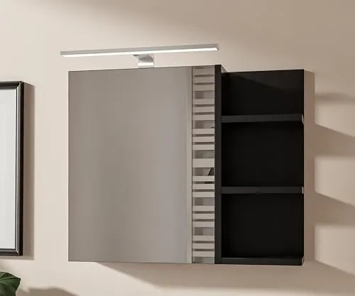HAJDUK FURNITURE Schwarz Badezimmerschrank mit LED Beleuchtung, B:60 x H:50 cm Spiegelschrank Bad 1 Tür Hängeschrank Badezimmer Griffloser Öffnung Ablagen Rechts