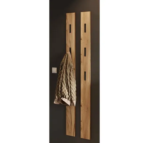 Garderobenpaneel Wandgarderobe 2er Set Eiche ABERDEEN-01 - Garderobenset aus Navarra Eiche mit ausklappbaren Metallhaken, ideal für schmale Flure. Nachhaltige Verpackung ohne Styropor und einfache Selbstmontage.
