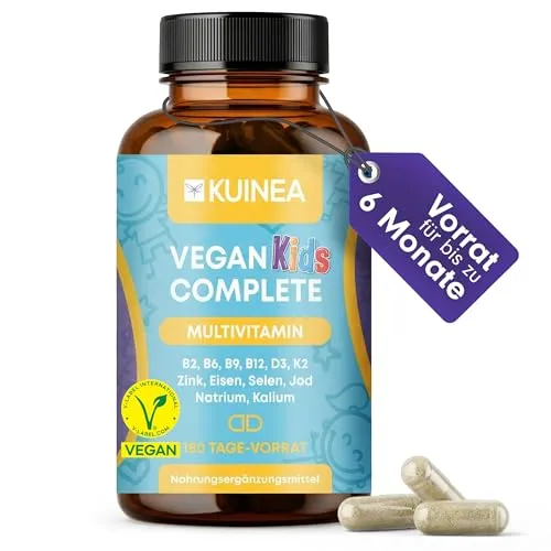 KUINEA® Vegan Kids Complete – Multivitamin Kinder Kapseln – Vitamine für Kinder ab 3 Jahren mit Vitamin D3, K2, Eisen, B12, Zink, Jod & Selen – 180 Kapseln, 180 Tage Vorrat – vegan