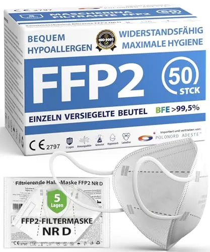 Produktbild ADESTE – 50x FFP2 NR D Maske, Hygienische 5-lagige Staubschutzmaske, EN149:2001+A1:2009 Mundschutzmaske EU2016/425, Weiß, Atemschutzmaske, Einzelne versiegelte Beutel