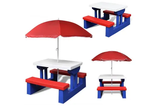 COIL Garten-Kindersitzgruppe - Blau - Gartenmöbel-Set für Kinder mit 4 Sitzflächen und integriertem Regenschirm, ideal für Picknicks und Spiel im Freien.