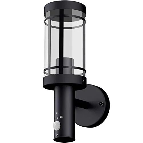 SSC-LUXon Außen Wandleuchte MOVI schwarz mit Bewegungsmelder - Wandleuchte für Garten und Eingangsbereich mit Bewegungsmelder, einstellbar in Leuchtdauer und Reichweite. Robust, wetterfest (IP44) und passend für E27 Leuchtmittel.