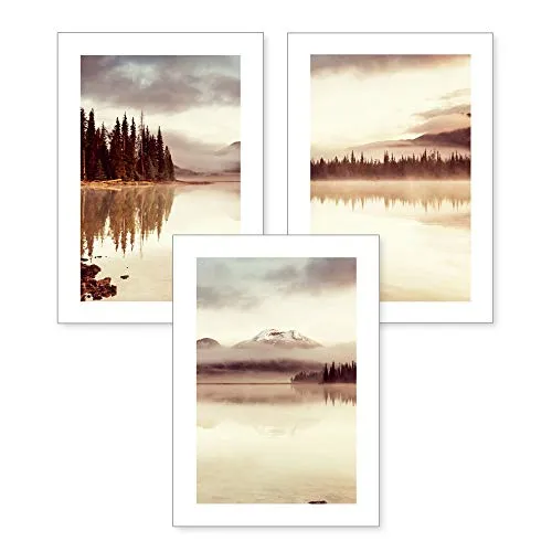 3-teiliges Premium Poster-Set | Kunstdruck | Bergsee im Morgengrauen | Deko Bild für Ihre Wand | optional mit Rahmen | Wohnzimmer Schlafzimmer Modern Fine Art | DIN A4 / A3 (A4, ohne Rahmen)