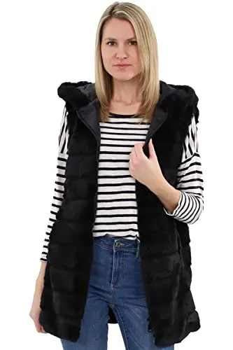 malito Damen Weste mit Kapuze | Teddyweste aus Kunstfell in Schwarz (L)