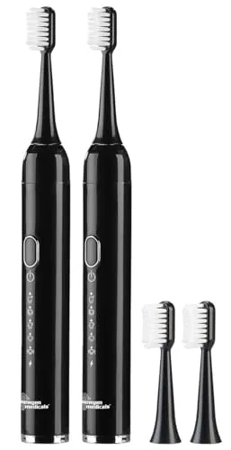 newgen medicals Toothbrush: 2er-Set USB-Akku-Schallzahnbürste, 25.000 Hz, 5 Modi, Netztasche, IPX7 (Reise USB Akku Schallzahnbürsten, Zahnbürste, Wasserdichte Taschen)