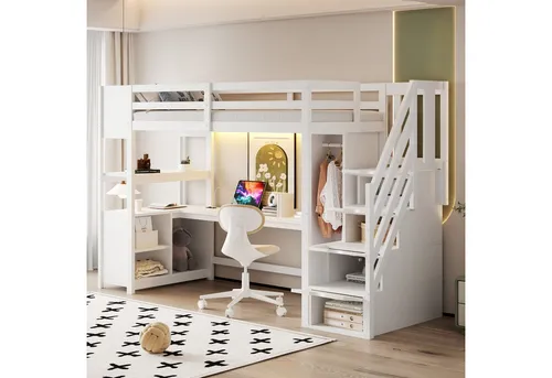Redom Hochbett, Weiß, 90x200 cm, multifunktional für Kinderzimmer - Dieses stilvolle Hochbett in Weiß bietet eine clevere Kombination aus Schlafplatz und Arbeitsbereich. Mit integriertem Schreibtisch und Stauraum ist es ideal für kreatives Lernen und Spielen. Stabil gefertigt aus hochwertigem Holzwerkstoff.