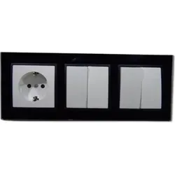 Abelka Nuovo schwarz - 1x Schuko & 2x Serien Schalter - Eleganter 3-fach Glasrahmen in Schwarz mit 1x Steckdose und 2x Serien Schaltern. Ideal für Längs- und Quer-Montage, vereint Funktionalität mit modernem Design für Ihr Zuhause.