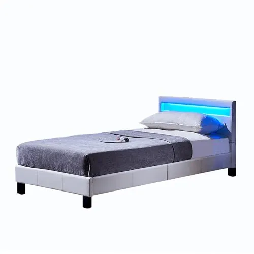HOME DELUXE LED Bett Astro 90x200 cm - Weiß mit Fernbedienung - Betten - Modernes Polsterbett mit LED-Beleuchtung, steuerbar per Fernbedienung. Pflegeleichter Kunstlederbezug und extra großes Kopfteil für maximalen Komfort.