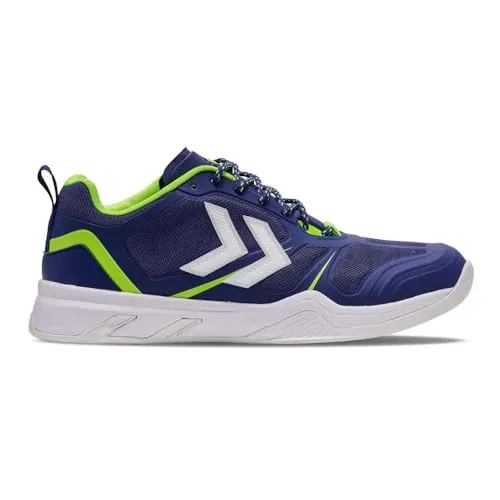 hummel Hallen-Indoorschuhe Uruz 2.0 (Dämpfung) blau Herren, Größe 44 - Badmintonschuhe Herren mit Neopren-Kompressionsbootie und recyceltem Mesh für nachhaltigen Komfort und Unterstützung bei jedem Schritt.