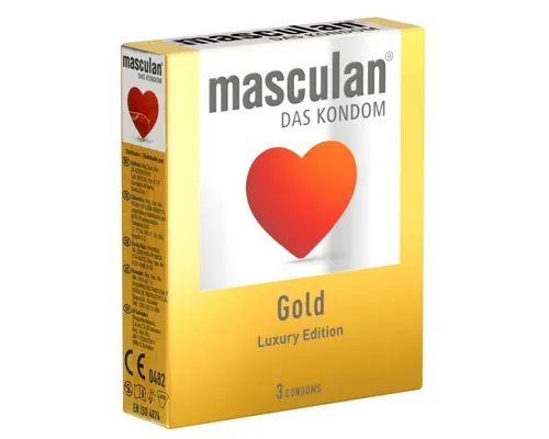 Masculan Kondome Gold Packung mit, 3 St., luxuriöse Qualitätskondome, goldfarbige Kondome mit zartem Vanilleduft