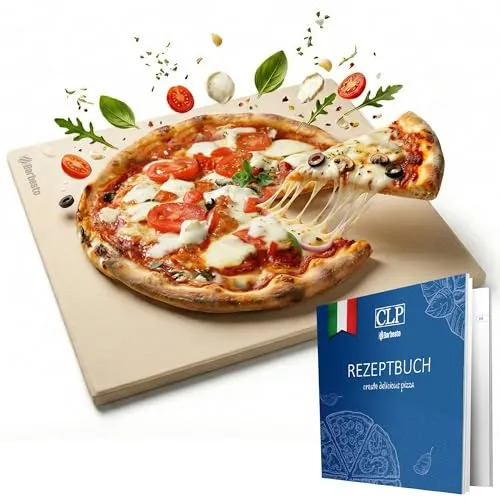 CLP Pizzastein für Backofen und Grill 38x30 cm, Backstein aus Premium Cordierit bruchsicher extrem hitzebeständig bis 900°C, mit Rezeptbuch, Größe:38x30 cm