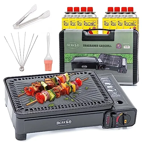 Ocakko Gasgrill für Kartuschen und Gasflaschen Camping Gaskocher mit Rost Grillplatte + Schaschlikspieße | Campinggrill mit 8 Gaskartuschen