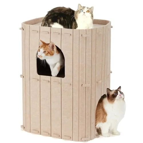 FUKUMARU Katzenhöhle,Stabile Katzenhöhle aus hochwertigem Filz，Katzenhaus Indoor 3 Schicht Katzenbett ，Katzen Höhle zum Schlafen, Spielen und Verstecken，Filzhöhle beige，45 x 37 x 60cm，Groß