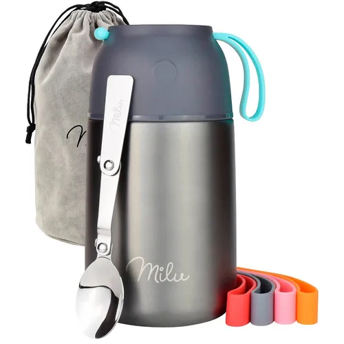 Milu Isolier-Speisebehälter grau 1 - Thermobehälter aus doppelwandigem Edelstahl 18/8, ideal für warme und kalte Speisen, inklusive praktischer Tragetasche.