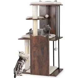 COSTWAY Kratzbaum Holz und Metall, 112 cm, Katzenbaum mit Kratzsäulen, 4 Plattformen, Bällen&abnehmbaren Kissens, Katzenkratzbaum Katzen, Vintage... - Braun