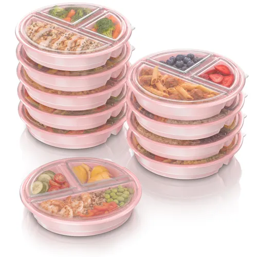 Arendo Meal Prep Boxen 10er Set je 944 ml, Vorratsdosen Kunststoff PP mit 3 Fächern, transparenter Deckel, mikrowellengeeignet, gefriergeeignet, Durchmesser 23 cm, rosa