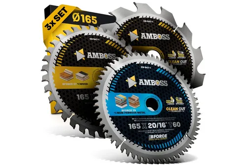 Amboss Kreissägeblatt Set Ø165 für Akku Handkreissägen - Vielseitiges Kreissägeblatt-Set für Holz und Ne-Metalle, ideal für schnelle und feine Schnitte. Kompatibel mit gängigen Akku Hand- und Tischkreissägen.