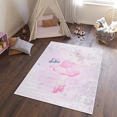 TAPISO Emma Teppich Waschbar bei 30 Grad Rosa Ballerina Ballett bedruckter Kinderteppich Antirutsch Kinderzimmer Jugendzimmer Modern ÖKO-TEX 80 x 150 cm