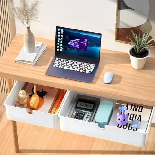 ZHHGOO Schublade Unter Schreibtisch,2 Stück Schubladen Organizer Aufbewahrungsbox,Schreibtisch Organizer,Selbstklebende Schubladen Organizer für Büro Tisch,Versteckte Schubladenbox Weiße