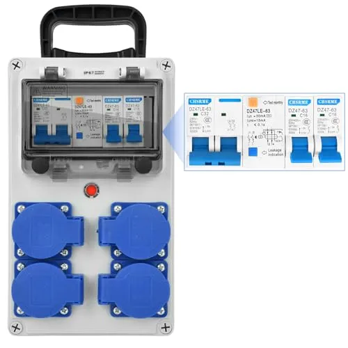 Vothen Stromverteiler 16A 4P, Baustromverteilerkasten mit FI Schalter230 V, Wandverteilerkästen IP67, Starkstrom Verteiler, FI Schalter Steckdose Aufputz, Aufputz Verteiler für Indoor/Outdoor-Bereich