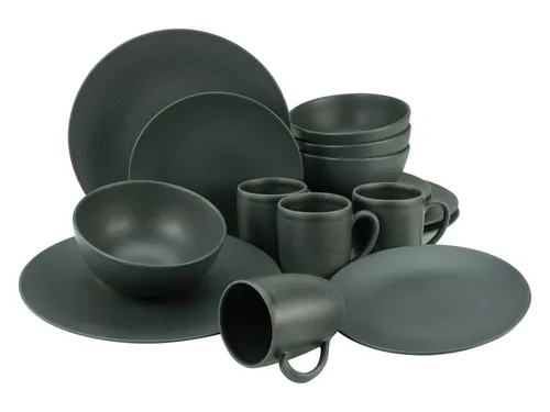 CreaTable Kombiservice Geschirr-Set Soft Touch Black (16-tlg) für 4 Personen - Elegantes Steinzeug-Service in Schwarz mit seidenmatte Glasur, ideal für stilvolle Tischdekorationen. Mikrowellen- und spülmaschinengeeignet, perfekt für den Alltag oder besondere Anlässe.