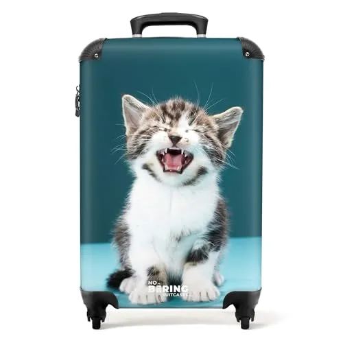 Noboringsuitcases.Com © Hartschalen-Trolley Kätzchen - Katzenmuster in Blau - 55x35x20cm - Hartschalenkoffer mit 4 wendigen 360°-Rollen, wasserabweisend und perfekt für Kinder. Ideal als Handgepäck für Reisen!