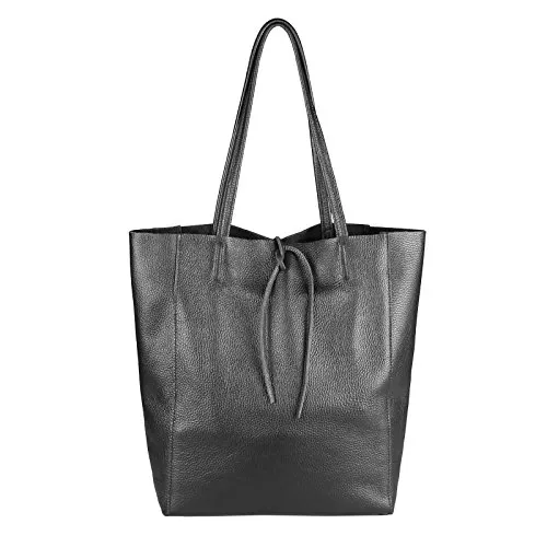 OBC Made in Italy Damen Leder Tasche Din-A4 Shopper Schultertasche Henkeltasche Tote Bag Metallic Handtasche Umhängetasche Beuteltasche (Schwarz 36x40x12 cm)