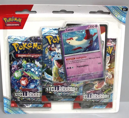 Pokémon-Sammelkartenspiel: 3er-Pack-Blister Karmesin & Purpur – Stellarkrone mit Latias - Sammelkarten Packs & Sets – Entdecke 3 Boosterpacks und eine holografische Latias-Karte für deine Sammlung! Tauche ein in die Welt der Terakristallisierung und erlebe kraftvolle neue Pokémon.