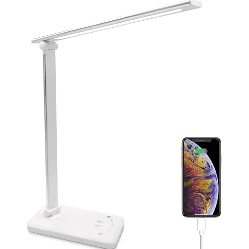 Schreibtischlampe, LED Tischlampe Dimmbar mit 5 Helligkeitsstufen 5 Farb, USB Anschluss, 30/60 min Auto Timer, Touchpanel, Memory-Funktion, Augenfreundliche Nachttischlampe für Kinder Jungen Mädchen