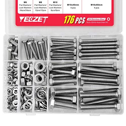 YEEZET 176 pcs M6 M8 M10 Schrauben und Muttern Sortiment aus 304 Edelstahl Sechskantschrauben Unterlegscheiben Federringe & Muttern Sortiment Kit