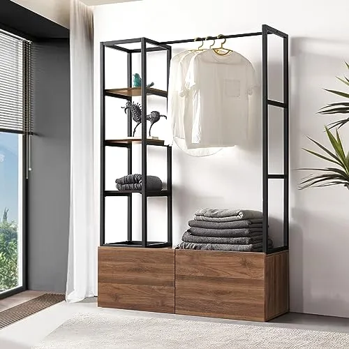 [en.casa] Kleiderständer Egmating mit Garderobenständer und 4 Fächern - Kleiderständer mit offener Kleiderstange, 4 Fächern und 2 Schubladen in Walnuss-Optik – ideal für platzsparende Organisation und modernen Stil im Flur oder Ankleidezimmer.