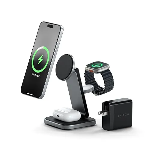 SATECHI 3-in-1 Kabellose Ladestation - Kabelloses Qi-Ladegerät für iPhone 16-12, Apple Watch und AirPods, mit 15W Schnellladung und faltbarem Design für maximale Portabilität.