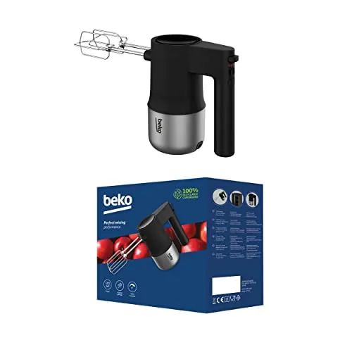 Beko HMM81504BX Handmixer - Handmixer mit 500 W Leistung, 4 Geschwindigkeitsstufen und Turbo-Funktion. Hochwertige Edelstahl-Rührstäbe und Knethaken, spülmaschinengeeignet für einfache Reinigung.