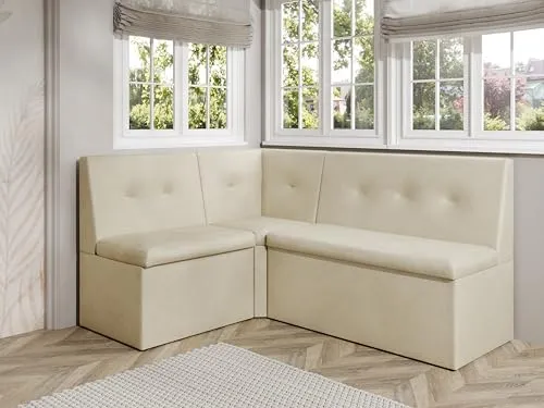 JKG Meble Eckbank fur Essizmmer - Eckbank Küche mit Aufbewahrungsbehälter - Modern Sitzecke Küche - Stoff Velours - gepolsterte Rückenlehne - Beige - Monolith 04-130x170 cm