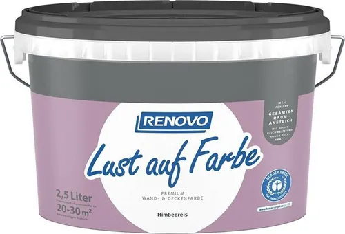Renovo Wand- und Deckenfarbe Lust auf Farbe matt 2,5 Ltr. Himbeereis - Farben für Innenräume, hoch ergiebige, geruchsneutrale Dispersionsfarbe, ideal für kreative Wand- und Deckengestaltung mit einfacher Verarbeitung.
