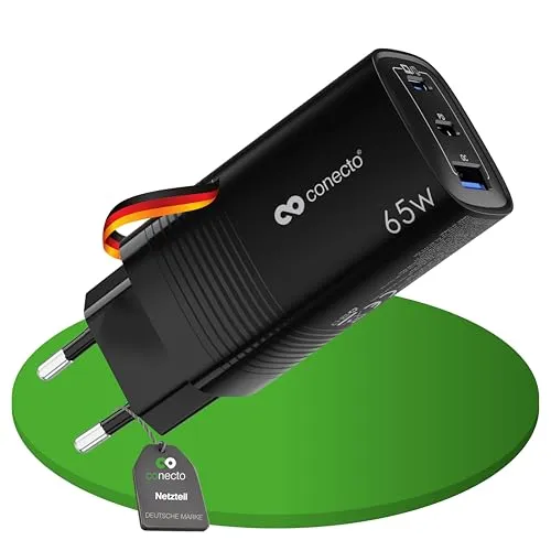 conecto USB C Ladegerät, 3 Port Mehrfach Adapter, Netzteil 65 Watt Schnellladegerät kompatibel mit Apple iPhone 15, Samsung, Tablet, Laptop UVM, GaN QC PD Charger, Schwarz