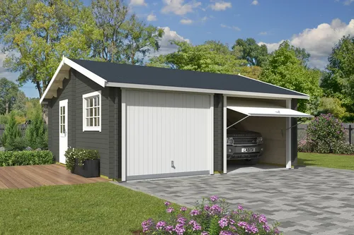 Garage Satteldach 44 mm Falkland mit Schwingtor grün 595x595 cm - Gartenhäuser, Geräteschuppen & Carports – Robuste Blockbohlenkonstruktion mit abschließbarem Schwingtor, ideal für sichere Aufbewahrung und optimalen Schutz.