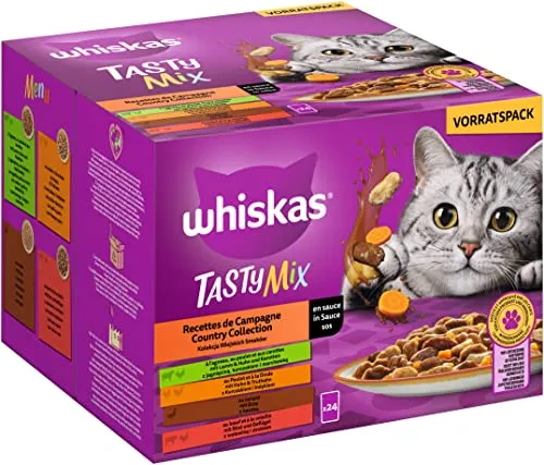 Whiskas 1+ Katzenfutter Tasty Mix Country Collection in Sauce, 24x85g (2 Packungen) – Hochwertiges Nassfutter für ausgewachsene Katzen in 48 Portionsbeuteln