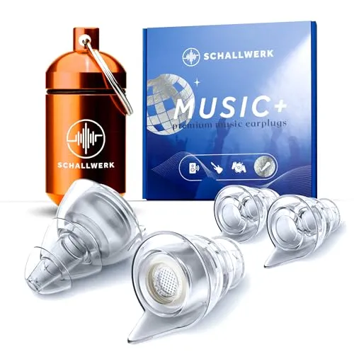 Schallwerk Gehörschutzstöpsel SCHALLWERK ® Music+ - Orange-transparente Ohrstöpsel für Musikliebhaber, ideal zum Dämpfen von Lärm und für ein angenehmes Hörerlebnis.