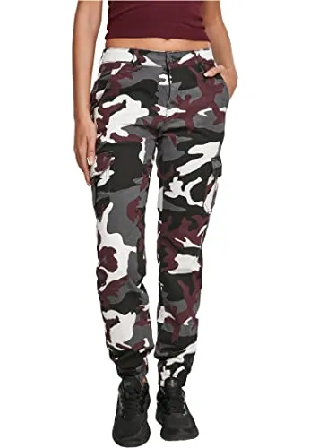 Urban Classics Damen High Waist Camo Cargo Pants - Mehrfarbig (Wine 02244) - Damen-Hosen mit idealer Passform, ausgestattet mit insgesamt sechs Taschen für optimalen Stauraum und einen trendigen Look.